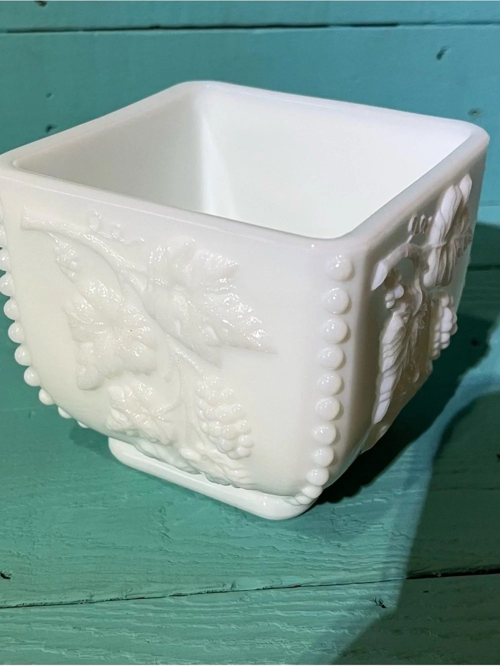 White Milk Glass Planter with Grape Relief and Beaded Edge